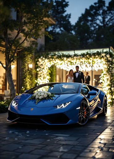 Blue Lamborghini decorated for a wedding